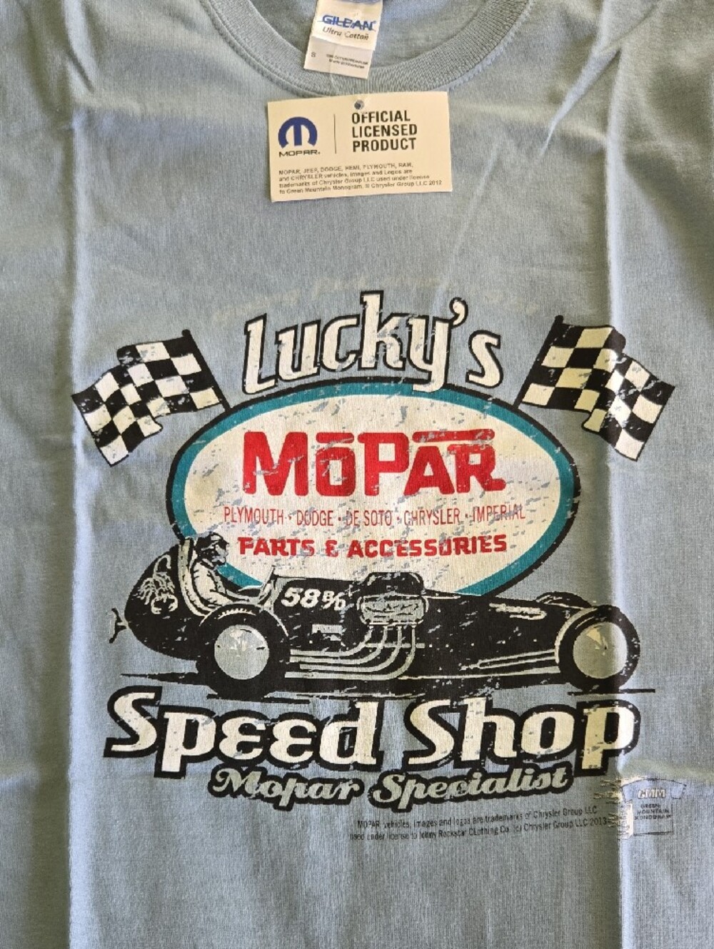New Gildan Light Blue Lucky's Mopar Speed Shop Tee